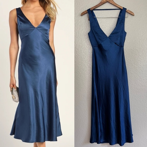 NWOT Incredible Love Navy Satin Cowl Back Midi Slip Dress - Picture 3 of 6
